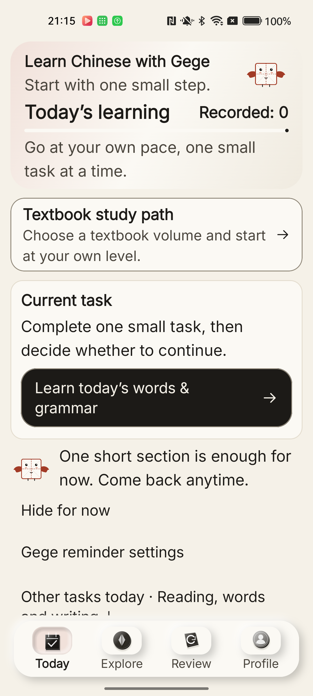 LingoWing Android development build showing today’s study path